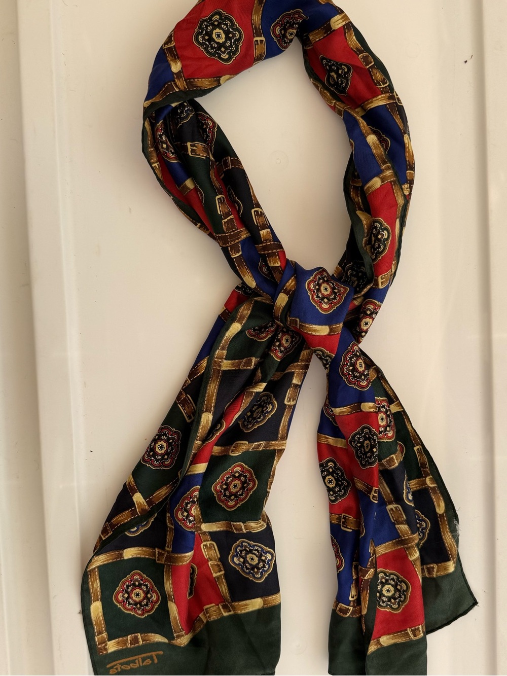 Talbots Green Medallion Print Silk Scarf with Gold Accents